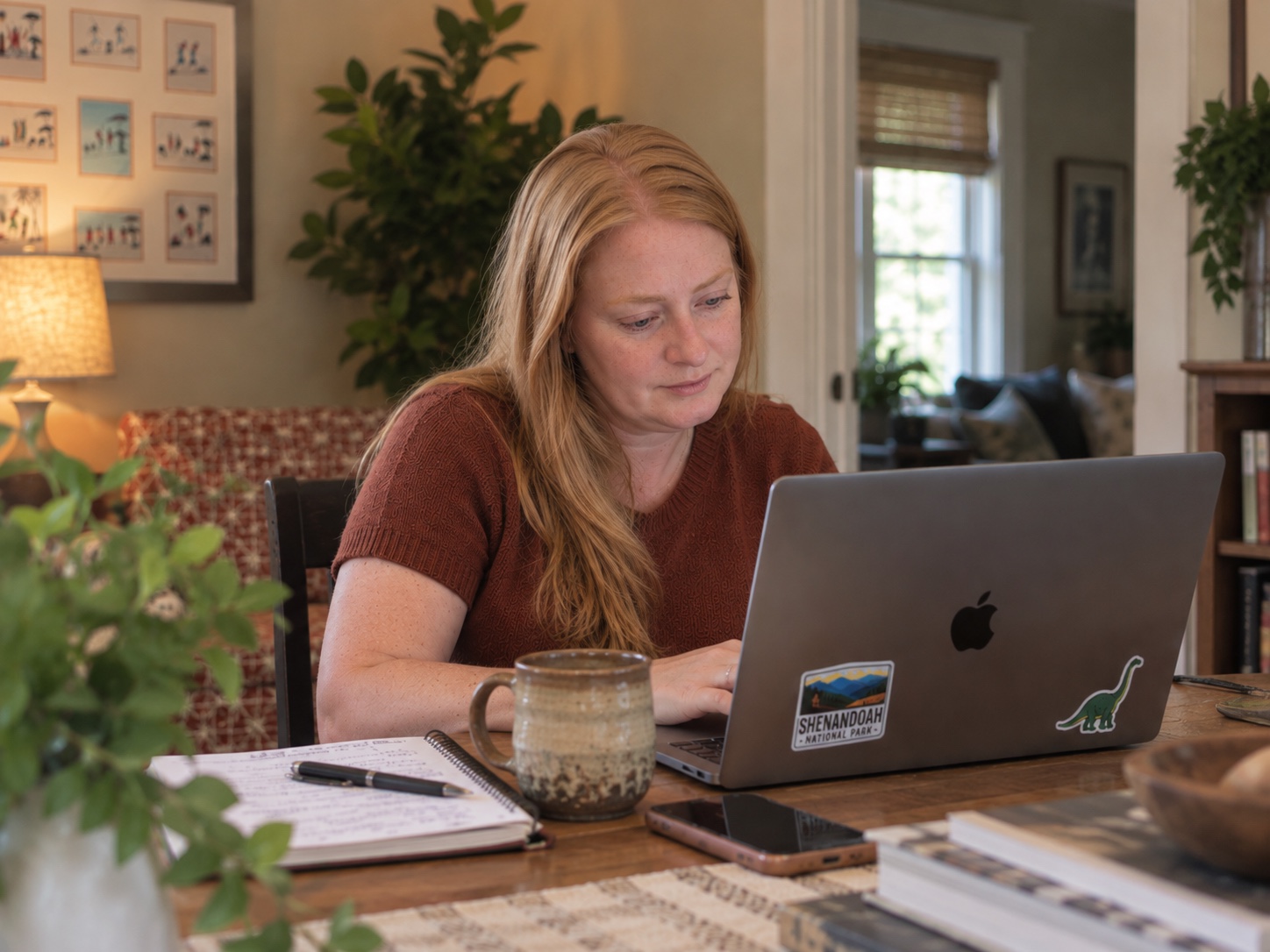 A community support leader working from home on a laptop