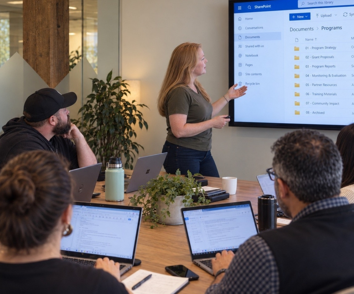 Nonprofit staff learning a Microsoft 365 environment together
