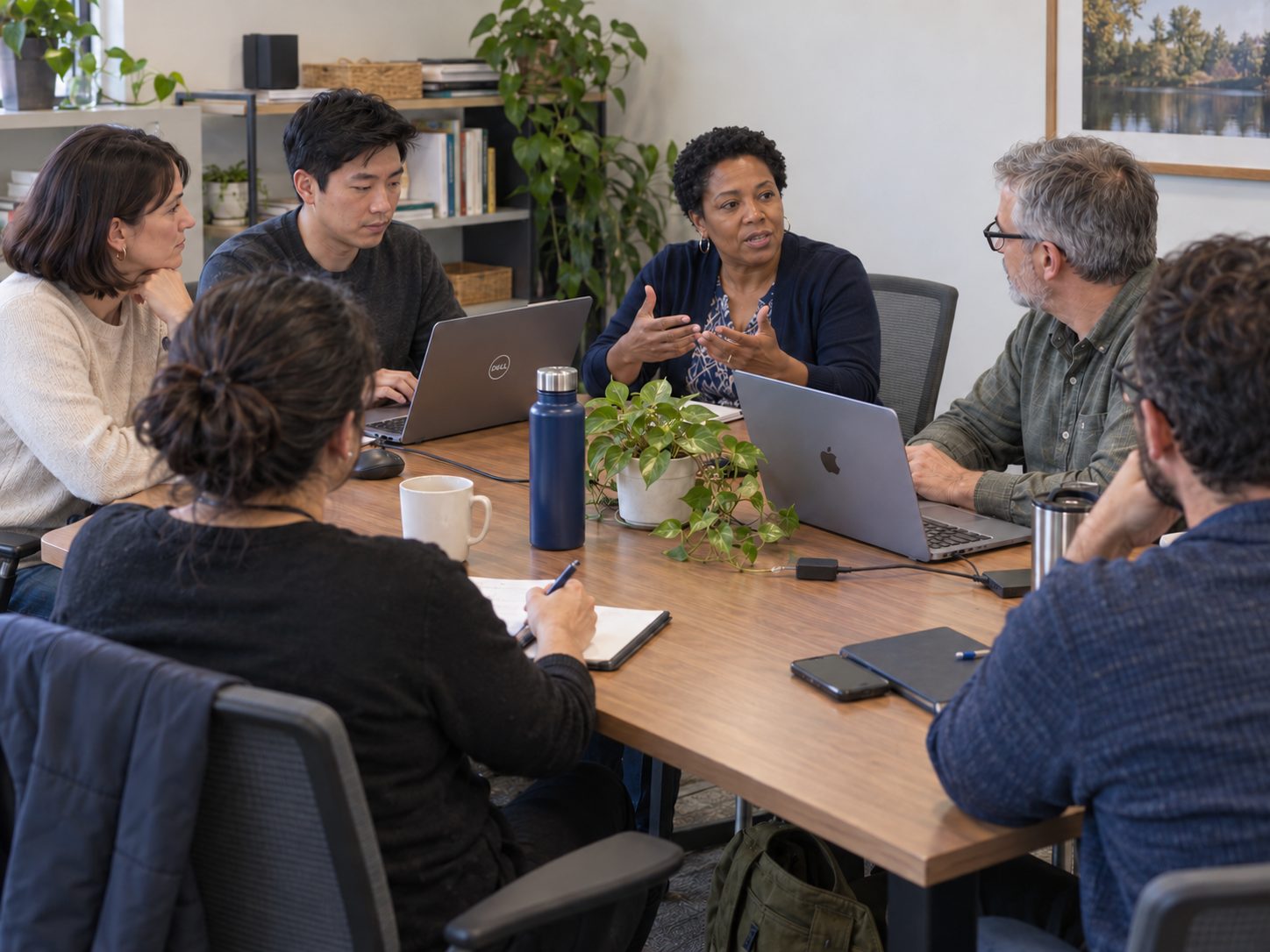 Team members discussing plans around a meeting table with laptops and notebooks