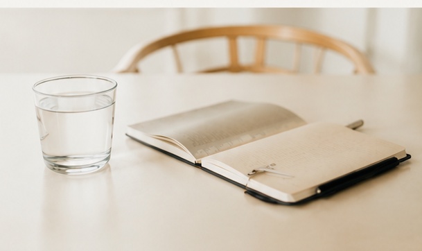 An open notebook and a glass of water on a table